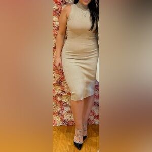 Pretty Little Thing Sleeveless Rib-Knit Maxi Dress in Beige